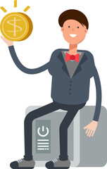 Businessman Character Sitting on Safe and Holding Dollar Coin
