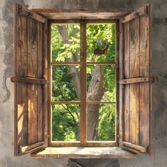 An open window providing a clear view of a tree outside