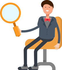 Businessman Character Sitting and Holding Magnifier
