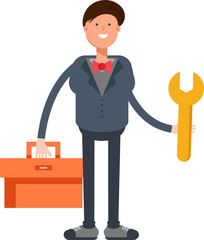 Businessman Character Holding Toolbox and Wrench
