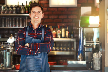 Man, portrait and smile with confidence, pizzeria and small business startup for restaurant. Chef,...