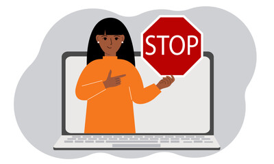 A woman holding a red stop sign in a laptop screen. Virus, attack, error, account or page deletion.