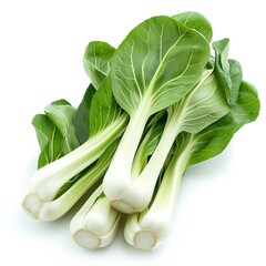 A photo of a bunch of bok choy. The leaves are green and the stems are white. The bok choy is fresh and crisp. - obrazy, fototapety, plakaty