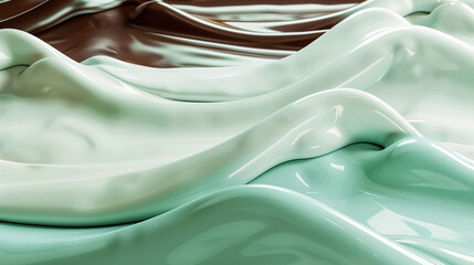 A tranquil portrayal of soft mint and rich chocolate waves flowing together, evoking the peacefulness of a quiet forest stream.