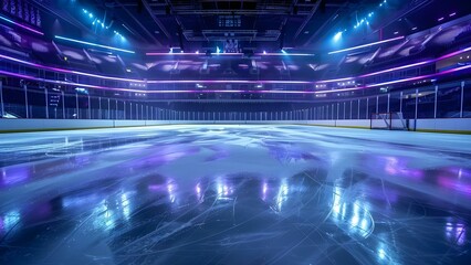 Empty ice hockey arena prepared for a game to be played. Concept Ice Hockey Arena, Sports Venue, Empty Stadium, Game Preparation