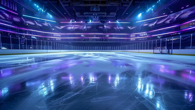 Empty ice hockey arena prepared for a game to be played. Concept Ice Hockey Arena, Sports Venue, Empty Stadium, Game Preparation