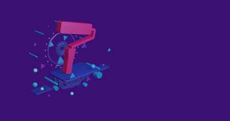 Pink paint roller symbol on a pedestal of abstract geometric shapes floating in the air. Abstract concept art with flying shapes on the left. 3d illustration on deep purple background