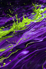 A vibrant collision of electric purple and lime green waves, bursting with energy and creating a visual spectacle reminiscent of a lively street festival.