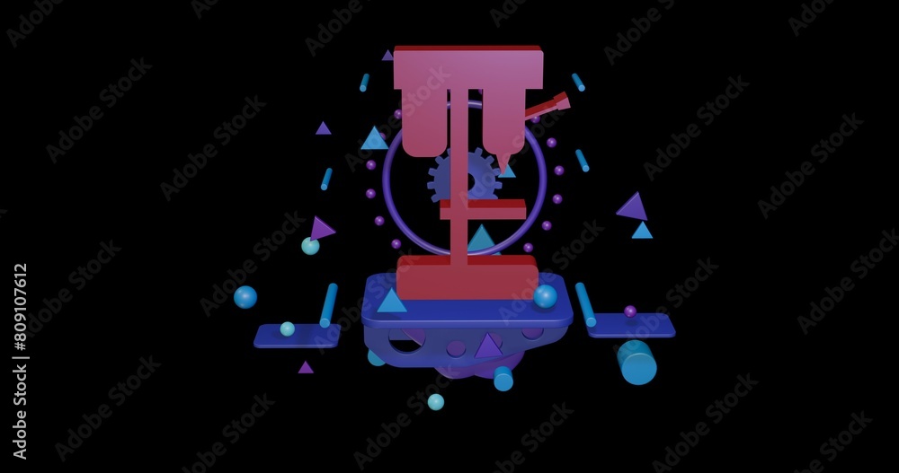 Poster red boring mill symbol on a pedestal of abstract geometric shapes floating in the air. abstract conc