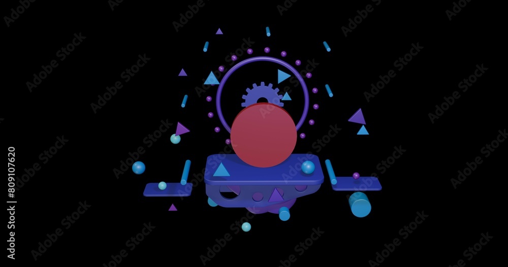 Poster red circle on a pedestal of abstract geometric shapes floating in the air. abstract concept art with