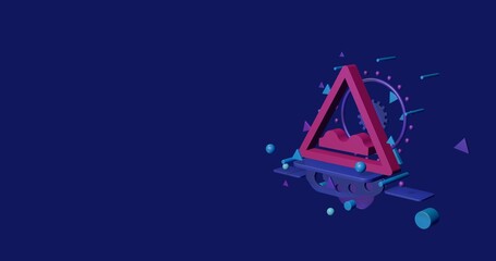 Pink rough road sign on a pedestal of abstract geometric shapes floating in the air. Abstract concept art with flying shapes on the right. 3d illustration on indigo background