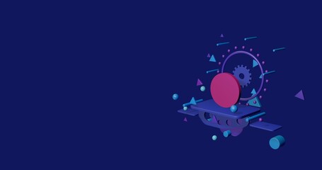 Pink circle on a pedestal of abstract geometric shapes floating in the air. Abstract concept art with flying shapes on the right. 3d illustration on indigo background