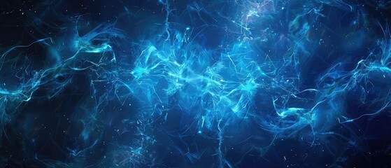Complex blue background with neon streaks, light pulses, faces, and lines, creating a cosmic abstract substrate.