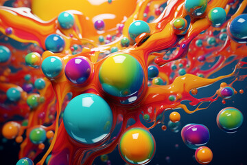 Vibrant 4k 3D animation featuring colorful spheres and balls in organic motion against a rainbow backdrop. Overhead view of paint bubbles in various hues 