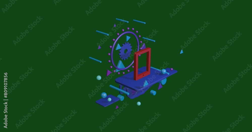 Poster red tablet symbol on a pedestal of abstract geometric shapes floating in the air. abstract concept a