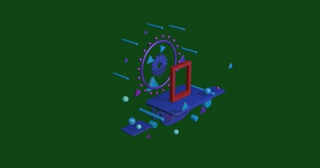 Red tablet symbol on a pedestal of abstract geometric shapes floating in the air. Abstract concept art with flying shapes in the center. 3d illustration on green background