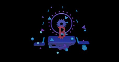 Red bitcoin symbol on a pedestal of abstract geometric shapes floating in the air. Abstract concept art with flying shapes in the center. 3d illustration on black background