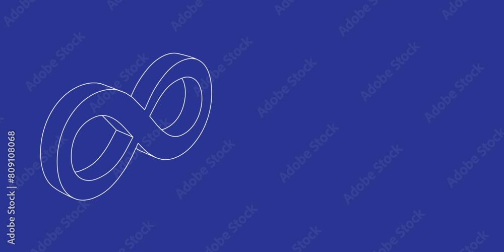 Poster the outline of a large infinity symbol made of white lines on the left. 3d view of the object in per