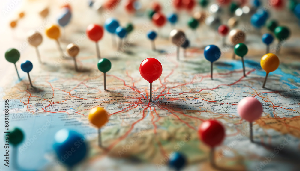 Poster A geographic map with multiple colored pins marking various locations