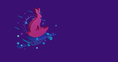 Pink hare symbol on a pedestal of abstract geometric shapes floating in the air. Abstract concept art with flying shapes on the left. 3d illustration on deep purple background