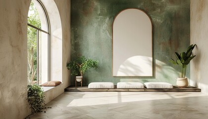 Fototapeta premium The modern interior mockup embraced a serene palette of pastel beige and green, accentuated by an arched window on the left wall.