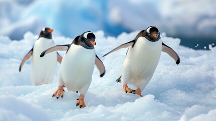 Obraz premium Three Playful Penguins Waddling on Snowy Ice in Cold Winter Scene