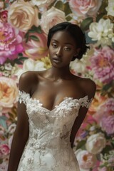 Naklejka premium Portrait of a beautiful young African American woman in white wedding dress over floral background. Spring inspiration, summer fashion. Natural cosmetics, make-up