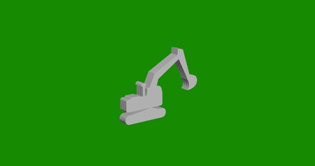 Isolated realistic white excavator symbol front view with shadow. 3d illustration on green chroma key background