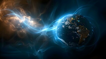 Obraz premium Earth in the Future: Interconnected Lines Representing Technology, Travel, and Social Media. Concept Future Earth, Technology, Travel, Social Media, Interconnected Lines