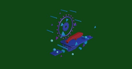 Red whale symbol on a pedestal of abstract geometric shapes floating in the air. Abstract concept art with flying shapes in the center. 3d illustration on green background