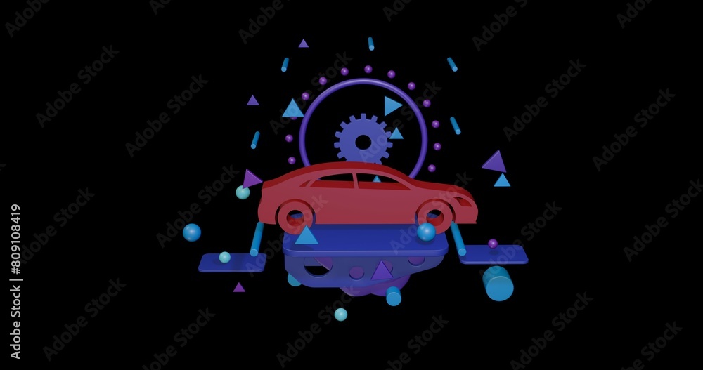 Poster red car symbol on a pedestal of abstract geometric shapes floating in the air. abstract concept art 
