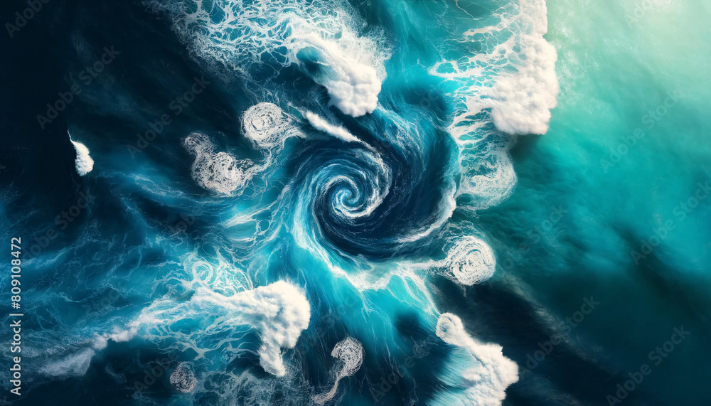 Poster a top view of the ocean, capturing the dynamic interaction between the deep blue waters and the whit