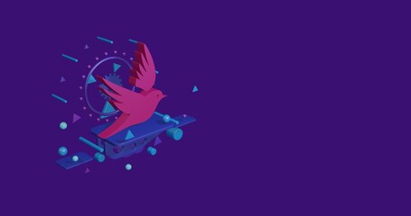Pink bird symbol on a pedestal of abstract geometric shapes floating in the air. Abstract concept art with flying shapes on the left. 3d illustration on deep purple background