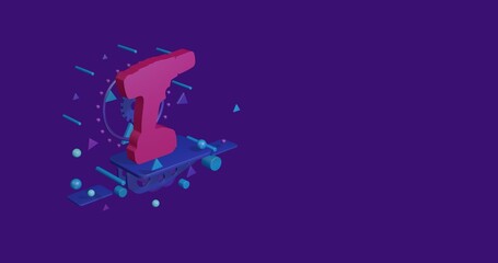 Pink electric screwdriver symbol on a pedestal of abstract geometric shapes floating in the air. Abstract concept art with flying shapes on the left. 3d illustration on deep purple background