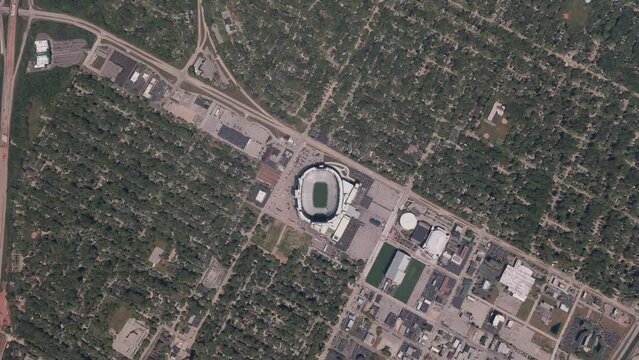 Top aerial view of Lambeau Field stadium in Green Bay - Wisconsin. United States
