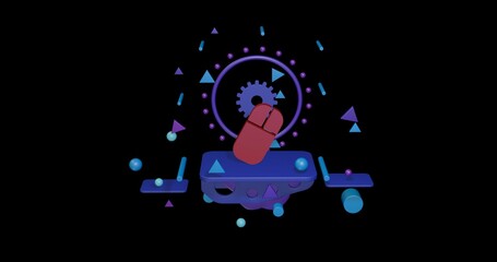 Red computer mouse symbol on a pedestal of abstract geometric shapes floating in the air. Abstract concept art with flying shapes in the center. 3d illustration on black background