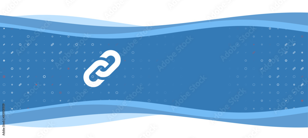 Poster blue wavy banner with a white chain symbol on the left. on the background there are small white shap