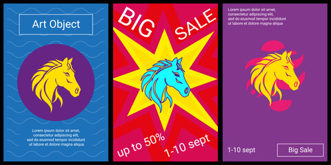 Trendy retro posters for organizing sales and other events. Large horse's head symbol in the center of each poster. Vector illustration on black background