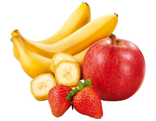 composição com banana, maçã e morango isolado em fundo transparente