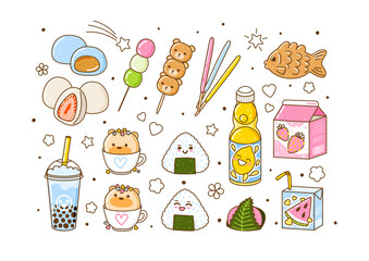 Set of cute asian food elements - cartoon illustration of traditional japanese sweets and drinks isolated on white background for Your kawaii design 2