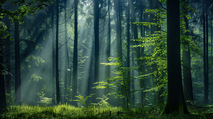 Fototapeta premium Sunlight Filtering Through Dense Forest Trees