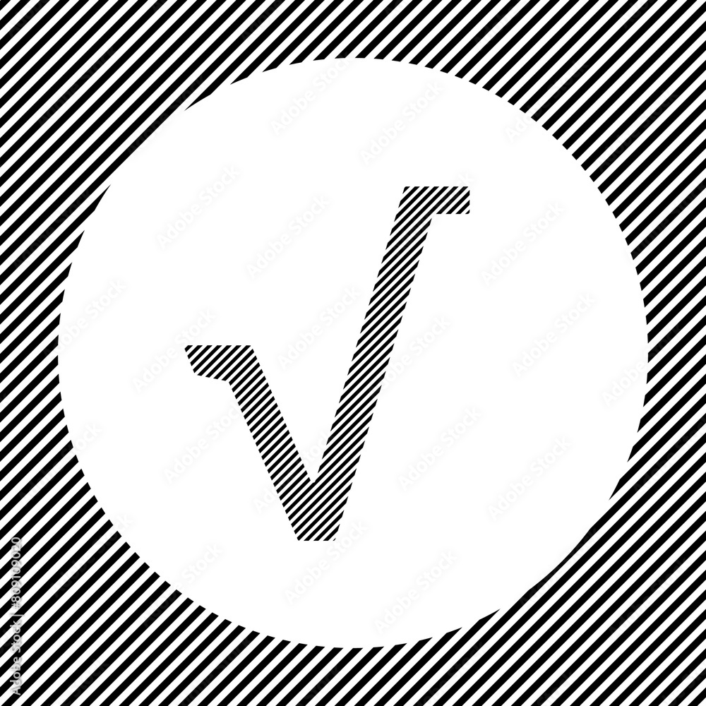 Poster a large square root symbol in the center as a hatch of black lines on a white circle. interlaced eff