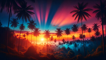 Naklejka premium A vibrant tropical sunset scene with a panoramic view, feature a range of palm trees in silhouette against a colorful sky