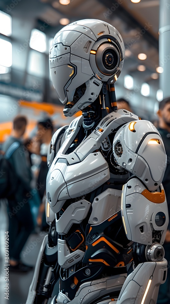 Poster sleek and futuristic robotic prototype showcased at technology exposition with interactive