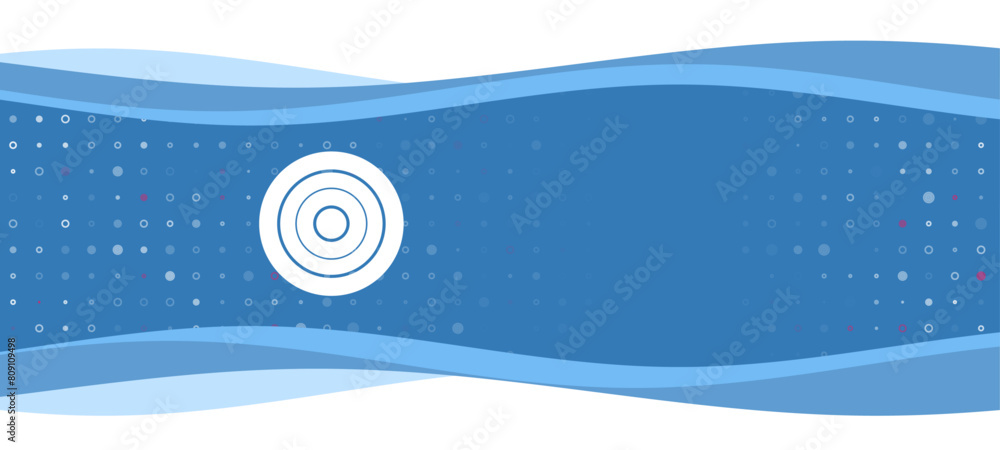 Poster blue wavy banner with a white checker game symbol on the left. on the background there are small whi