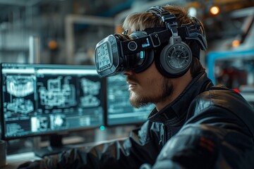 Man with VR headset analyzing data