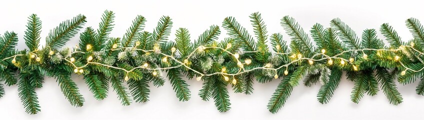Seamless decorative christmas border with coniferous branches and garlands of christmas lights isolated on white background, for Christmas banner, cards, website, gift, frame.