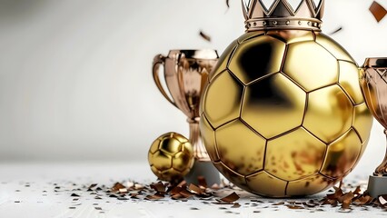 Golden Soccer Ball with Crown and Trophy on White Background. Concept Golden Soccer Ball, Crown Prop, Trophy Prop, White Background, Sports Photography