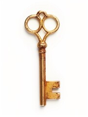 Old key isolated on white background, vintage antique skeleton key isolated on white, high quality.