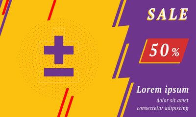 Sale promotion banner with place for your text. On the left is the plus–minus sign. Promotional text with discount percentage on the right side. Vector illustration on yellow background